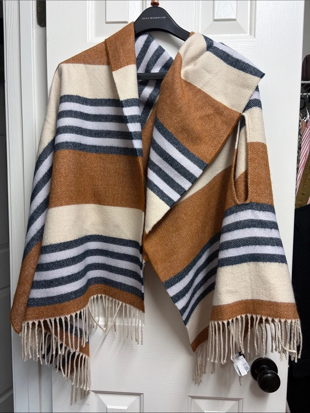 Madewell Cream, Brown & Navy Striped Fringe poncho scarf
